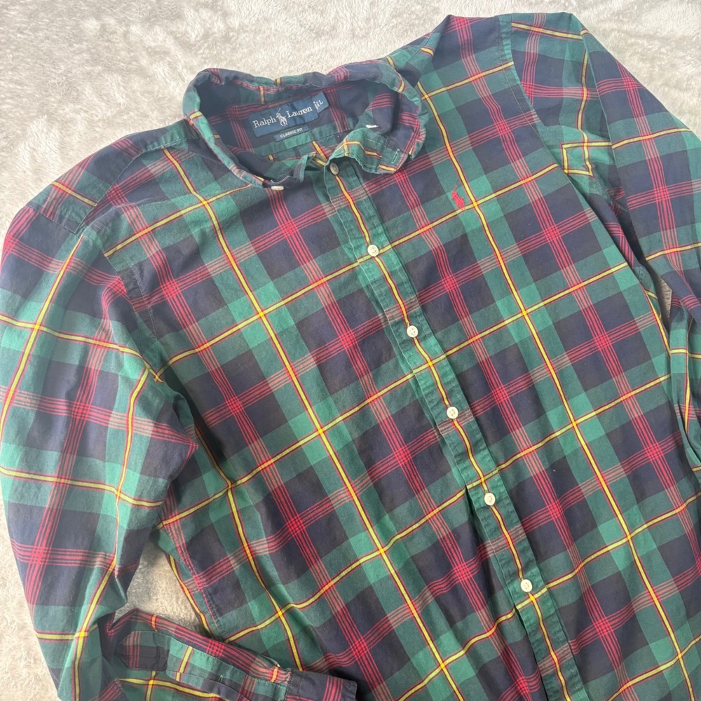 Polo Ralph Lauren Classic Fit Plaid Shirt Mens L Green Tartan Y2K 90s